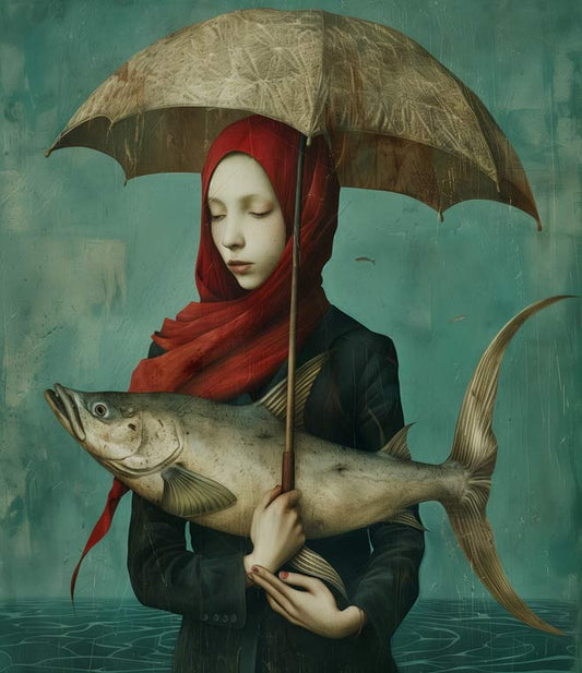 Joven con pescado y paraguas