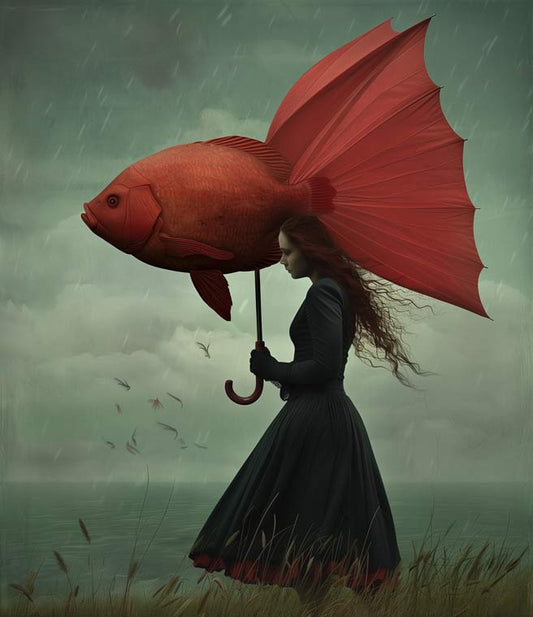 Chica con paraguas pez