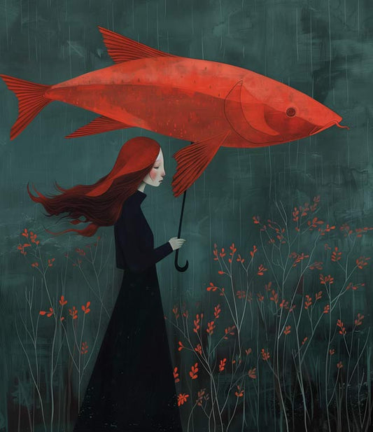 Mujer con paraguas pez